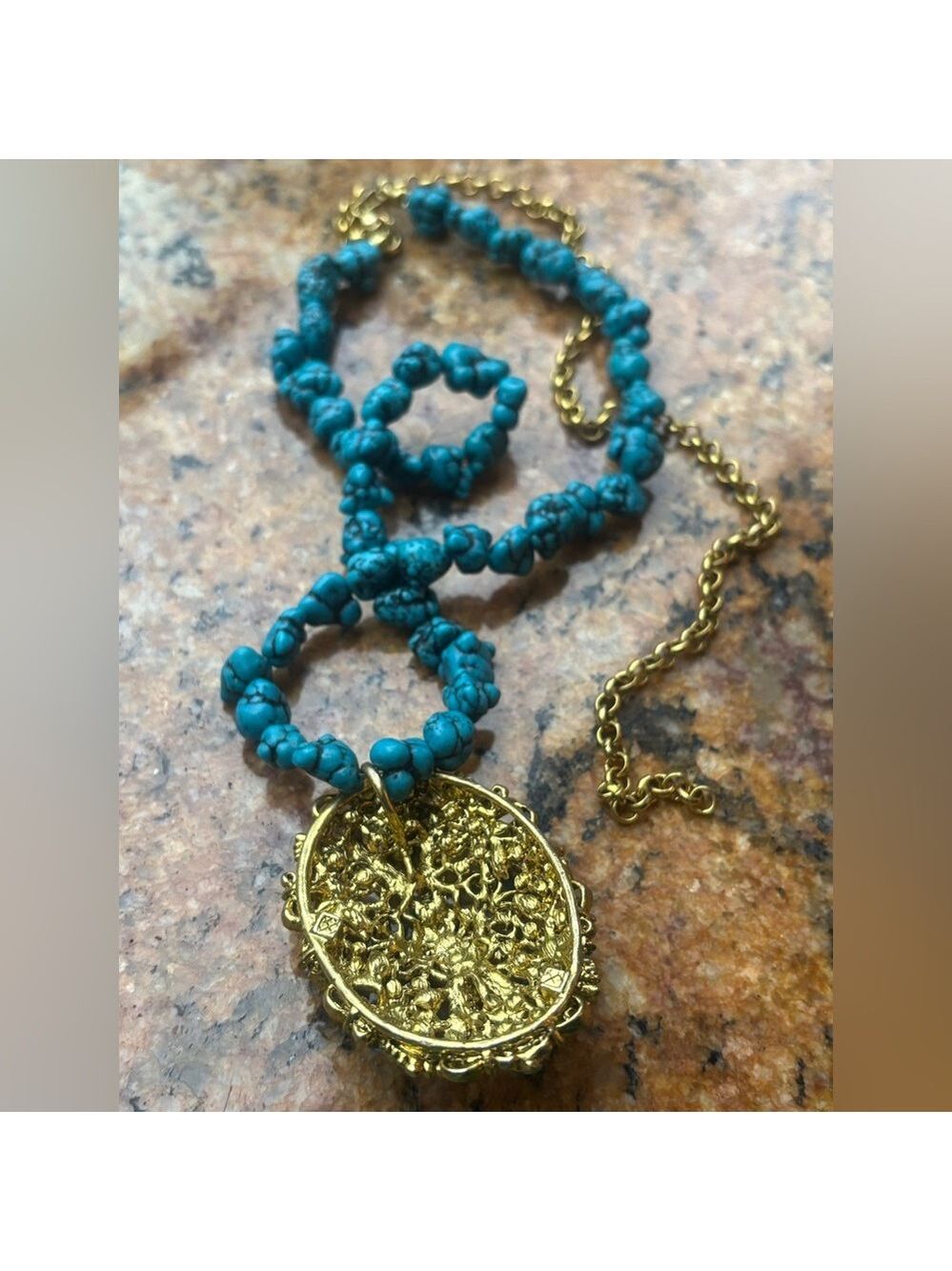💙 RARE 1928 Designer Turquoise Blue Stone Statement Necklace • Crystal Medallion - Picture 9 of 14